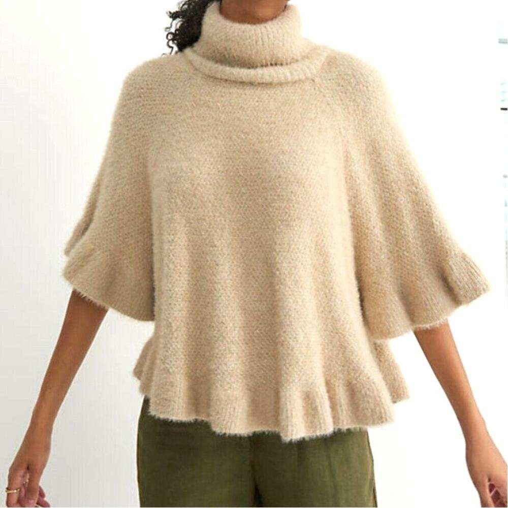 Anthropologie Womens Turtleneck Poncho Sweater OS Ruffle Boho Romantic Layering